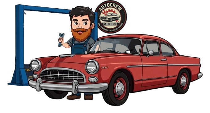 Autocrew Vlaardingen monteur naast rode auto – garage voor APK en onderhoud